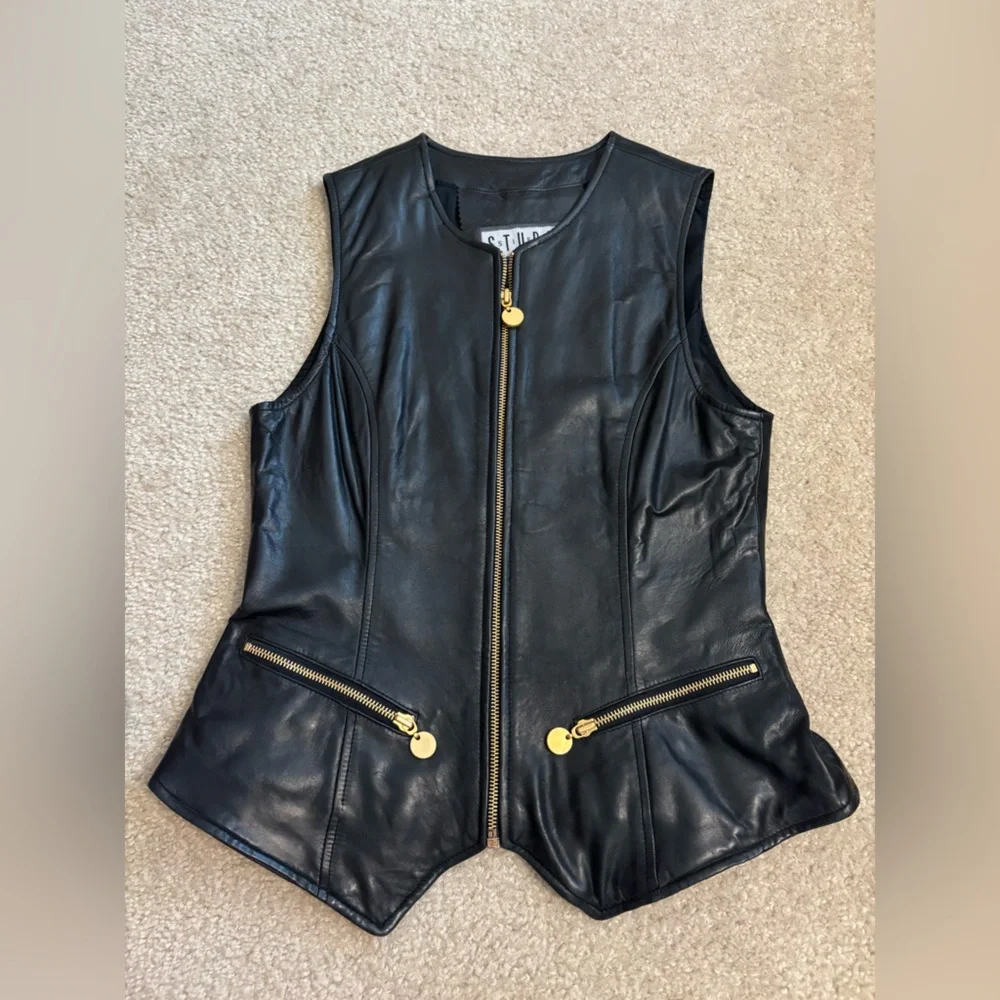 Siena Studio Vintage Leather Gold Accent Full Zip Black Vest Women’s Size Small - Picture 3 of 13